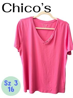 Chico's Bright Pink Short-Sleeve V-Neck Tee with Button Detail